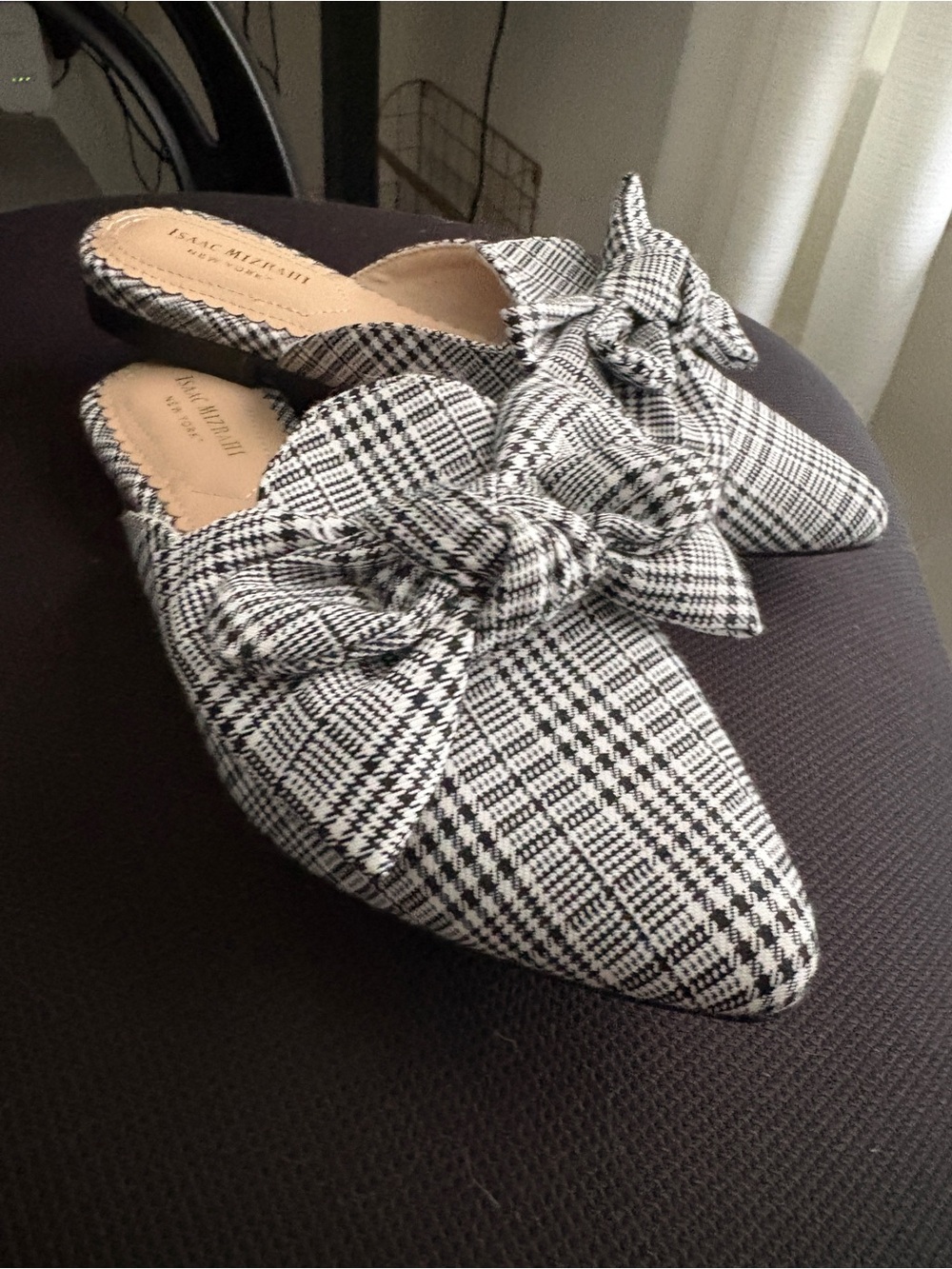 Isaac Mizrahi Black & White Plaid Pointed-Toe Bow Mule